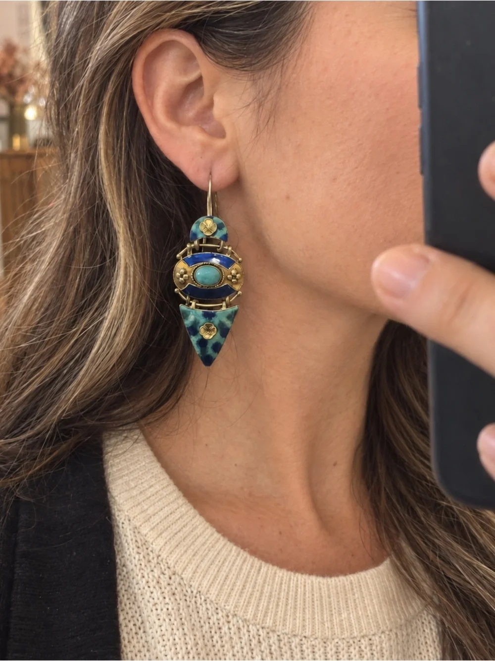 Vintage Shashi Thousand Flowers Turquoise Enamel Dangle Earrings